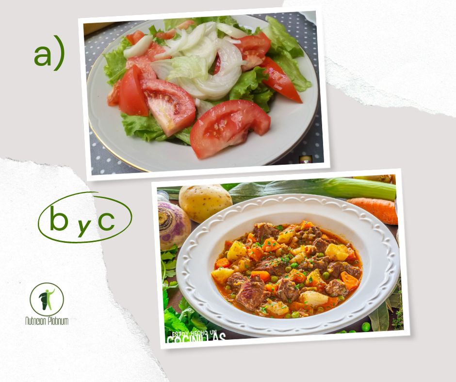 Ensalada de tomate con lechuga y cebolla con ragout de pavo con patatas y verduras